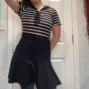 E LAND Striped Navy Midi Dress